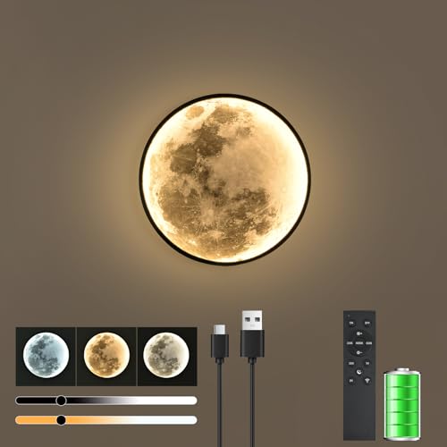 Image of Battery Operated Moon Wall Sconces 12 inch 3 Color Dimmable Rechargeable Moon Wall Light with Remote Control Black Moon Wall Lamp Indoor Wall Mounted Lighting for Living Room Bedroom