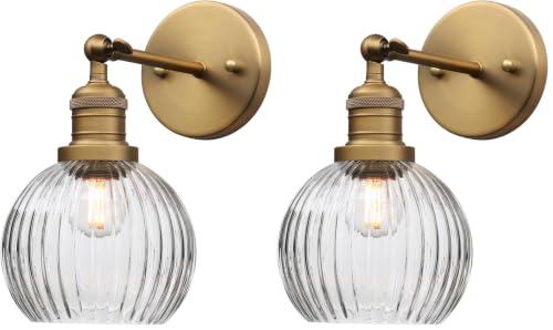 Image of Antique Wall Sconces with Clear Ribbed Globe Glass Shade Vintage Gold Sconce Indoor Wall Mount Light Fixture for Loft Kitchen Living Room (Pack of 2)