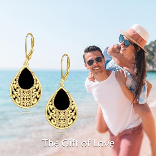Black Onyx Drop Earrings for Women Sterling Silver 14k Gold Plated Filigree Dangle Leverback Earrings Jewelry Gift for Girls3