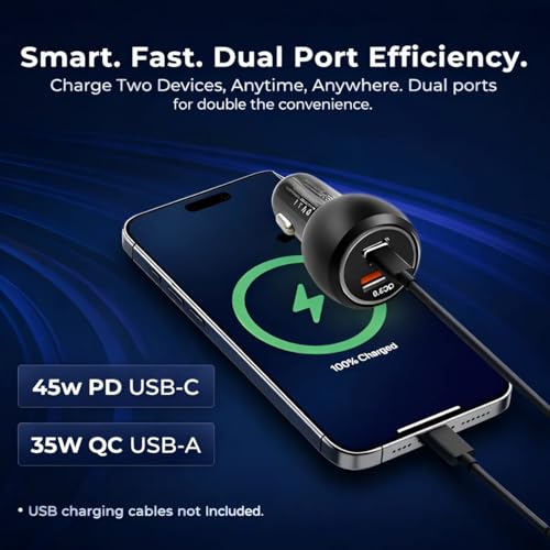 Image of 80W Dual Port Car Charger, 45W PD USB-C + 35W QC USB-A Fast Charging Adapter, LED Indicator, Compatible with iPhone & Android Smartphone, Smartwatch, Earbud, Power Bank (Black)