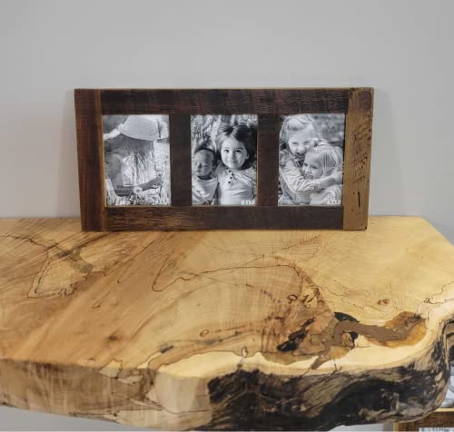 Image of Rustic Wooden Collage Picture Frame, Wood Multi Photo Holder for Wall, Horizontal and Vertical Display, Reclaimed Barnwood, 3 Openings each 5x7