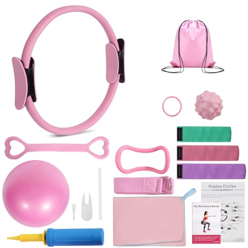 LENGAMPLAY Pilates Ring Set with Resistance Bands– Anti-Slip Magic Circle Pilates Ring for Home Workouts, Full-Body Toning, Strength Training for Women 14PCS