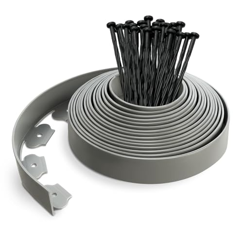 VOUNOT® Bordure de Jardin en Plastique 10 mètres avec 30 Piquets d'ancrage Bordurette de Pelouse Flexible Bordure de Gazon avec piquets Solides Idée de Jardin Hauteur 50mm, Epaisseur 4mm Gris