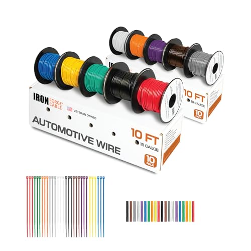 Iron Forge Cable Cable de calibre 18, paquete surtido de 10 rollos, kit de cableado automotriz con caja dispensadora, cable primario recubierto de cobre trenzado de 10 pies por rollo