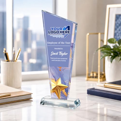 Image of Custom Crystal Trophy Award Personalized Plaque Award with Text Logo Photo Awards Trophies for Employee Recognition Team Graduation Personalized Office Gifts for Boss Coworker Teacher