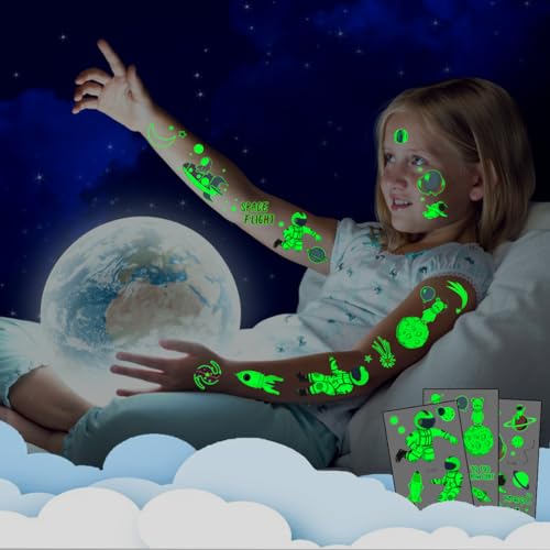 Weltraum Kinder Tattoo, 12 Blätter Leuchttattoos Kinder, Schultüte Jungen Tattoos Hautfreundlich für Weltraum Mitgebsel Junge Kindergeburtstag Kleine Geschenke Schultüte Füllung