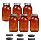 Jumterlee 6 Pack 32 oz Amber Mason Jars, Regular Mouth Mason Jars with Lids and Bands and 6 Black Plastic Mason Jar Lids