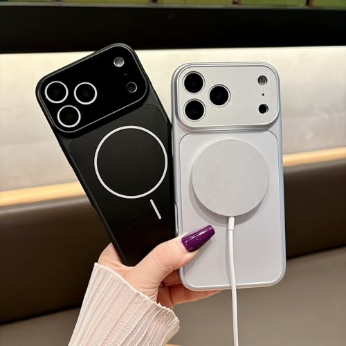 Image of Elzzi Magnetic Case for iPhone 17 Pro Max Case [Compatible with MagSafe][Built-in Camera Lens Protector] Slim Soft Silicone Bumper Shockproof Metallic Luster Back Cover Phone Case (Titanium)