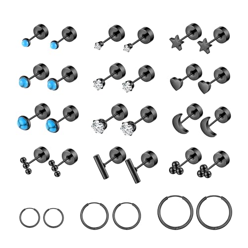 Surgical Stainless Steel Flat Back Stud Earrings for Women Men Hypoallergenic Hoop Earrings for Cartilage Helix Lobes Multiple Piercing jewerly Screw Back Earring Set Silver/Gold/Black