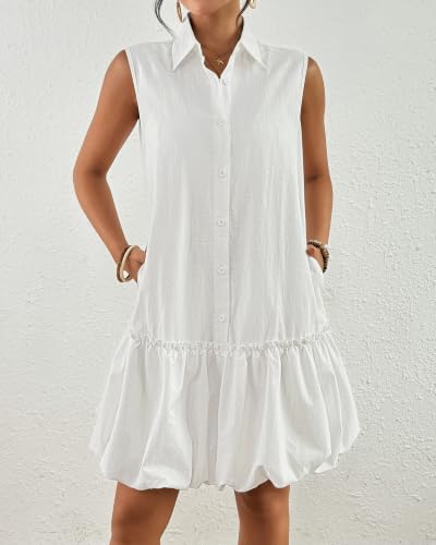 Image of Bsubseach Womens Casual Summer Dresses Sleeveless Linen Bubble Mini Short Dress Button Down Shirt Sundress with Pockets