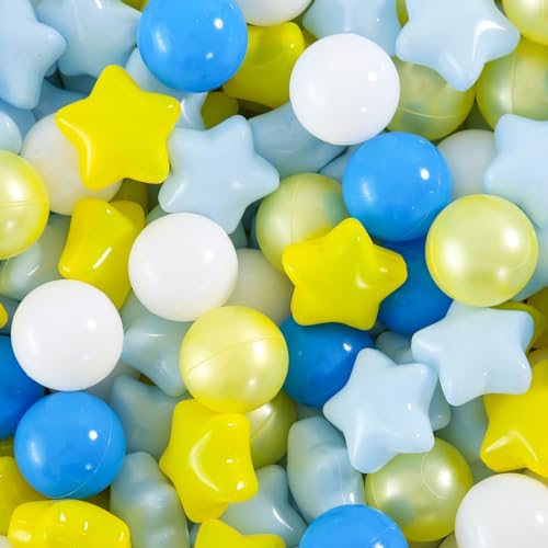 Heopeis 100 Pcs Ball Pit Balls and Stars for Toddlers, Plastic Blue Balls for Ball Pit BPA Free Crush Proof Plastic Toy Balls for Play Tent Pool, Children's Water Toys