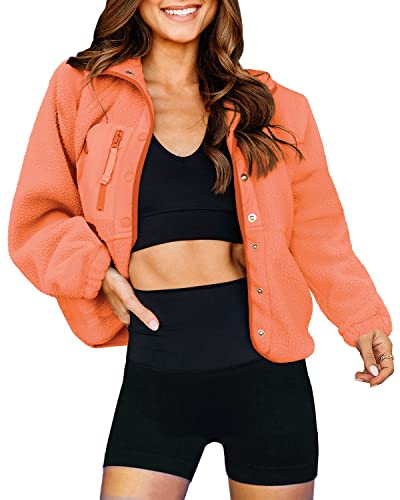 Lamissche Womens Fuzzy Sherpa Fleece Jacket Long Sleeve Button Down Shacket Coat Winter Warm Lapel Collared Outwear(Bright Orange,Xl) #TOP11