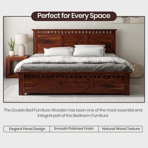 Image of WOODLAB Furniture Solid Sheesham Wood King Size Bed for Bedroom Without Storage Wooden Double Beds for Living Room Honey Finish Cot Bed Furniture