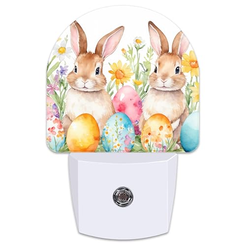 Image of Easter Bunnies and Eggs Night Light for Kids,Cute Easter Rabbit and Flowers Plug in Night Light with Dusk to Dawn Sensor, 0.5w Energy Saving Nightlight for Hallway Stairway Kitchen Bedroom