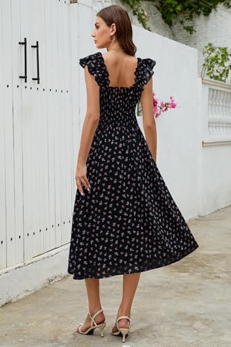 Image of Women's 2026 Spring Summer Floral Midi Dresses Square Neck Smocked Waist Beach Wedding Guest Long Flowy A Line Sundress