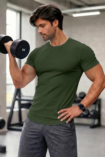 Image of JMIERR Mens Short Sleeve T Shirt Summer Muscle Slim Fitted Crewneck Longline Tees Shirts for Gym Workout