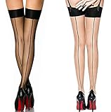 ICGSUQR 2 Pair Nylon Sexy Thigh High Stockings With Back Seam For Women Suspender Garter Belts Cuban Heel Tights Pantyhose (black +skin)