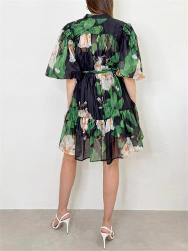 Single Breasted Lace Up Floral Print Dresses for Women Crewneck Short Sleeve High Waist Mini Dress3