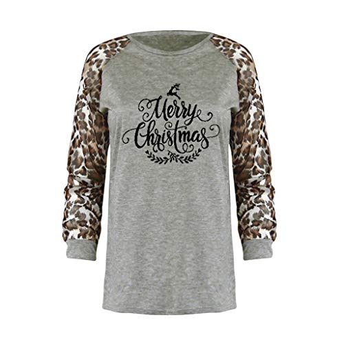 XBKPLO Merry Christmas Baseball T-Shirt Womens Cute Santas Hat O-Neck Long Sleeve Leopard Splicing Tops Tees Woman Casual Tops Long Sleeve Leopard Print Patchwork Plus Size T-Shirt Blouses