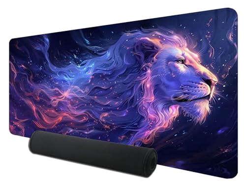 Tapis de Souris Gaming XXL, 1000 x 500 mm Tapis de Souris Violet, Grand Tapis de Bureau sous Main avec Surface Spéciale Améliore la Vitesse et la Précision, Imperméable Mouse Pad Lion pour Gamer, J-3
