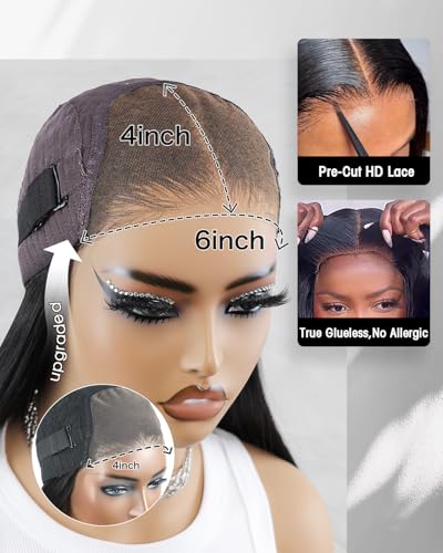 Image of Glueless Drawstring Wigs Human Hair Pre plucked Pre Cut, 6x4 HD Lace Front Wear and Go Glueless Wig Straight with Drawstring Straight for Women 200% Density 28 inch