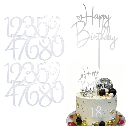 Floruvia 21 Piezas Topper de Tarta de Números Acrílicos Plateados Brillantes 0-9, Para Decoraciones de Tartas Hechas a Mano para Cumpleaños, Bodas, Aniversarios