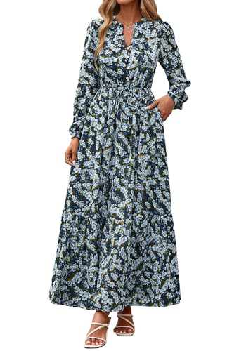 BTFBM Women Boho Maxi Dress Fall Fashion 2025 Floral Long Sleeve V Neck Button Pockets Flowy Vacation Wedding Dresses