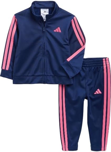 adidas Baby Girls Classic Tricot Track Jacket & Joggers Set, Dark Blue/Hot Pink, 12 Months