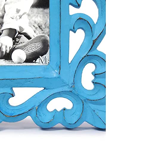 Image of Wooden Hand Carved Rectangular Photo Frame for Wall Mounted and Tabletops Display - 5x7 Inches Picture Frame - Wood Carving Decorative Home Decor Accessories Distressed Finish (Blue)