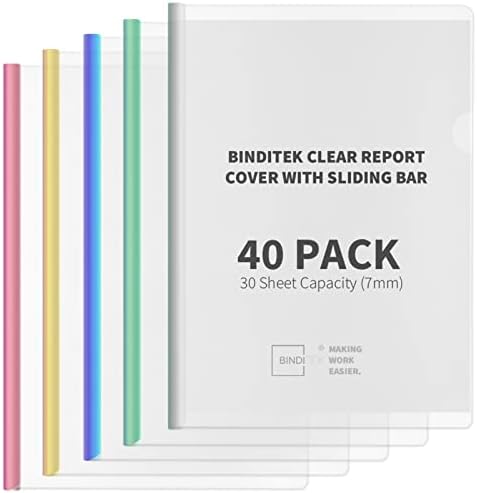 Binditek 40 Pack Clear Report Covers with Sliding Bar,7mm Sliding Bar File Folder Binder,30 Sheet Capacity,5 Assorted Colors.