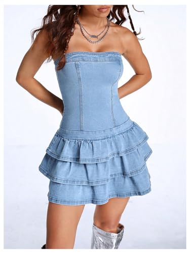 WDIRARA Women's Strapless Layered Ruffle Denim Dress Bandeau Slim Fit Mini Dresses3