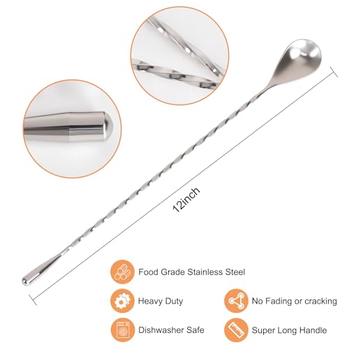 Image of 12 inch Cocktail Mixing Spoon Set, 2-Pack Spiral Stirrer for Bartenders | 304 Stainless Bar Spoon Set. Great for Tall Glasses. Spiral Shaft ensures quiet, smooth stirring for home & pro bars.
