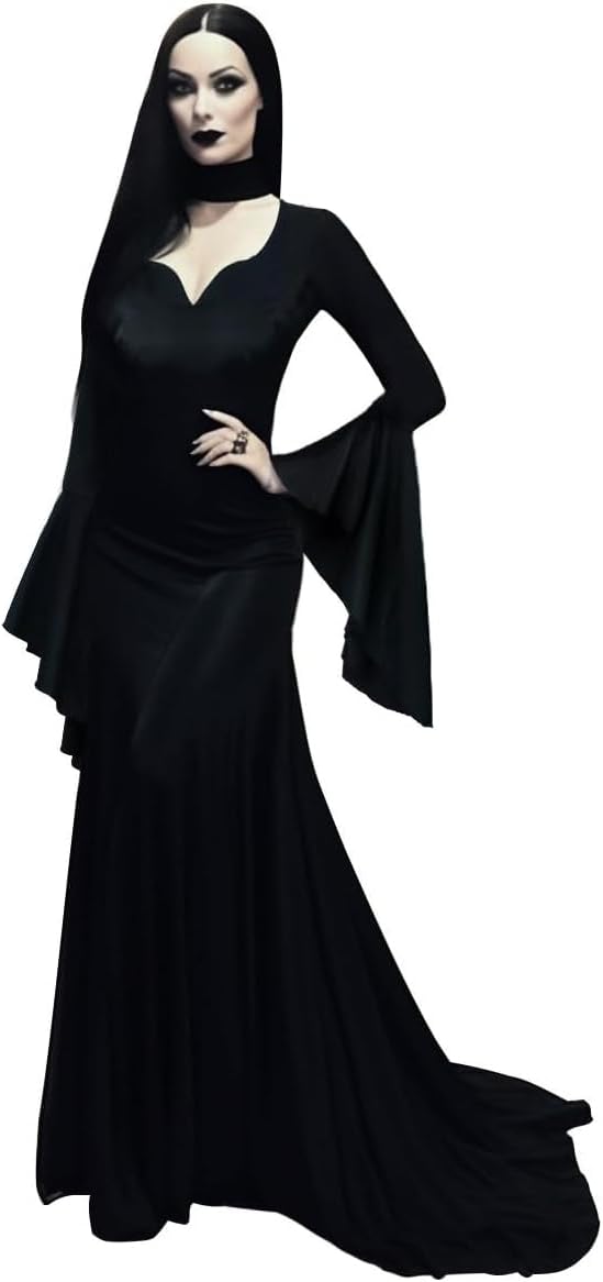 Women's Morticia Addams Dress Costumes Gothic Maxi Dress Halloween Cosplay Vintage Black Long Dress