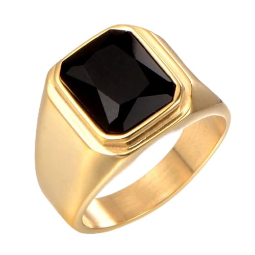 SINLEO Men's Stainless Steel Square Gemstone Ring Statement Wedding Band Gold Black Size 9