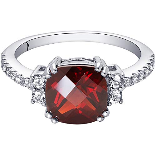 PEORA Garnet Ring for Women in 14K White Gold with White Topaz, Genuine Gemstone Birthstone, Designer 2.50 Carats Cushion Cut 8mm, Sizes 5 to 93