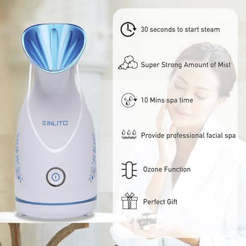 Image of KINLITO Facial Steamer Ionic Face Steamer for Home Facial, Warm Mist Small Facial Steamer for Deep Cleaning Unclog Pores with Blackhead Remover, Aromatherapy Kit for Personal Home SPA (Blue)
