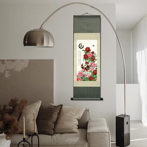 Newscz Asiatische Wandkunst für Wohnzimmer, Chinoiserie-Dekor, vertikale Wandrolle, Seidenrolle, Malerei, Kunstposter, Vierjahreszeiten-Malerei, orientalisches Dekor, Kunst-Wandbild, fertig zum