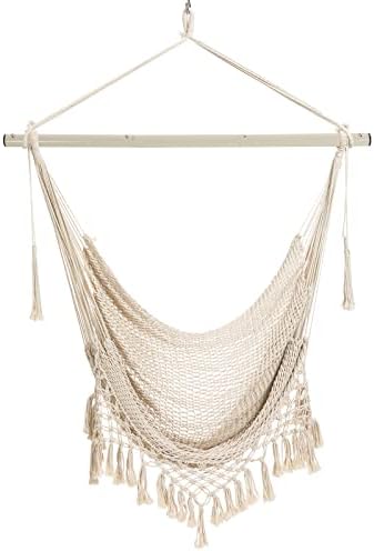 Hammock ChairMax 150kg, Large Hanging Chair, Soft Cotton Rope Swing Chair With High Load-Bearing Metal Rod,Indoor Outdoor Garden Yard Living Room