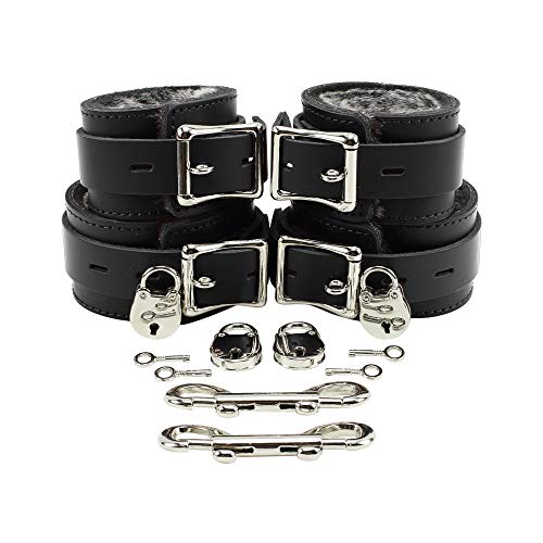 Amelia Wrist Cuffs Ankle Cuffs Leather Connector Set Genuine Leather Chinchilla Fur (Black)