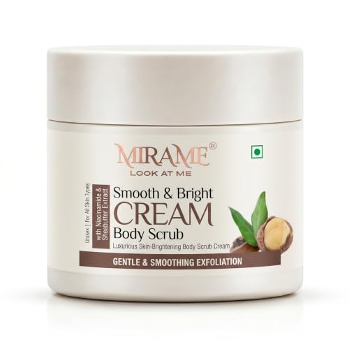 Image of MIRAME Look At Me Smooth & Bright Cream Body Scrub for Skin Brightening & De-Tan | Gentle Exfoliation & Smoothing Polish with Niacinamide & Shea Butter | Deeply Moisturizing Full Body Cleanser for Women & Men - 200 ml