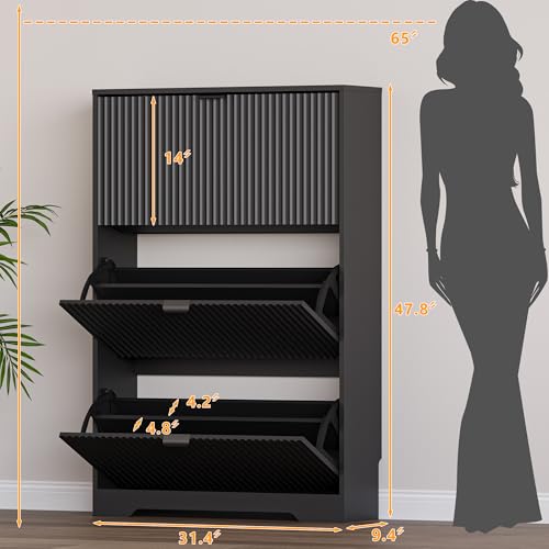 Image of BORNOON Entryway Shoe Cabinet with 3 Flip Drawers, Narrow Shoe Organizer Cabinet with Fluted Panel and Adjustable Shelves for Foyer, Hallway