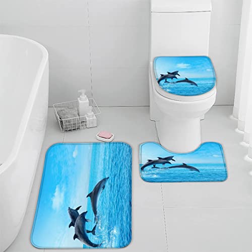 Zifarm Badematte rutschfeste 50x80 cm Delfin Badvorleger-Set 3D Drucken Blau Ozeanlandschaft Mikrofaser Flanell…