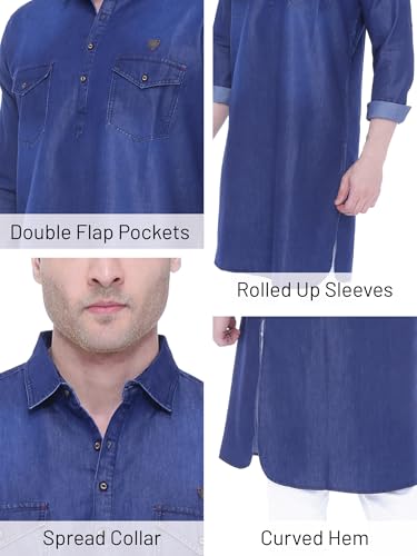 Image of Kuons Avenue Men's Tailored Fit Denim Long Pathani Kurta | Shirt Collar - Ideal for Festivals & Cultural Events