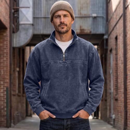 Denim Shirt Men Washed Retro Quarter Zip Pullover Top with Pockets - image 2