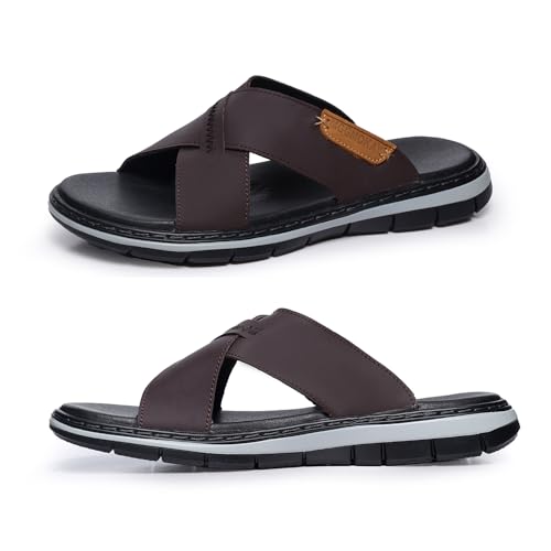 MGGMOKAY Mens Cross Slides Sandals Summer Leather Slipper Anti-Slip Comfortable Sandals2
