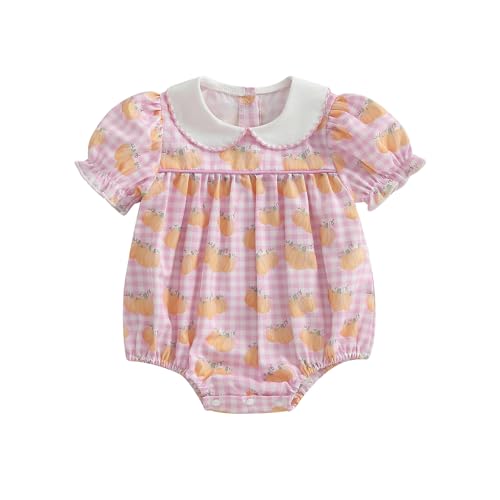 woshilaocai Baby Girl Pumpkin Romper Doll Collar Plaid Jumpsuit Infant Halloween Smock Bubble Bodysuit