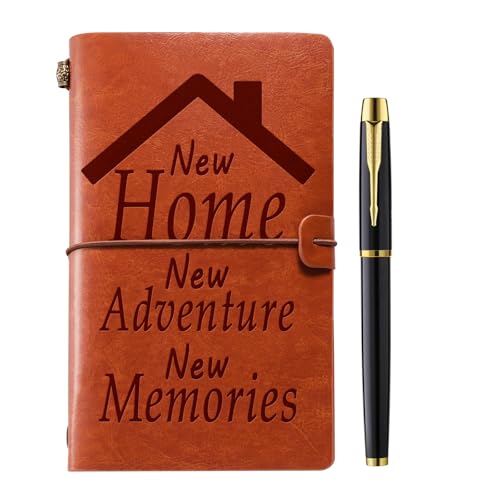 Muzuis Cuaderno de cuero con bolígrafo, regalos de inauguración de la casa, ideas de regalo para el hogar, cuaderno de bocetos recargable, diario de viaje, planificador rayado, 7 x 5 pulgadas, marrón
