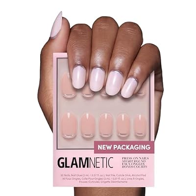 Glamnetic Press On Nails - Silver Belle | Short Round Natural Base Fake Nails with 3D Silver Foil in a Glossy Finish | 12 Sizes - 30 Nail Kit with Glue