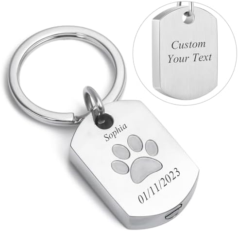 Personalized Urn Keychain,Custom Memorial Ash Keyring with Paw Print,Stainless Steel Dog Name Tag for Pet Ashes