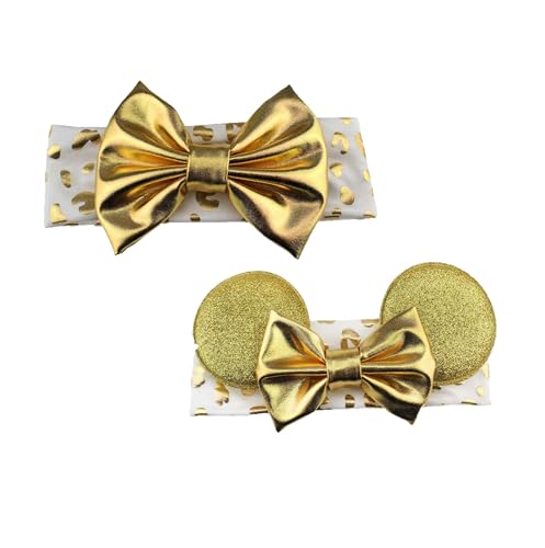 Baby Girl Glitter Bow Headband, Gold Bronzing Gilding Hairband with 5'' Large Bow Elastic Stretch Turban Headwrap.(FJ78-Gold L)